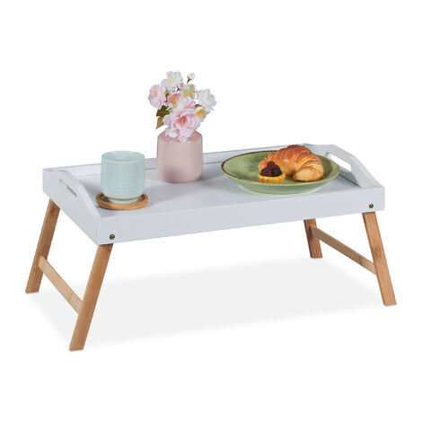 Relaxdays Bandeja para Cama, Patas Plegables, Desayuno, Bambú y MDF,  Borde Alto, 24 x 55,5 x 30 cm, Blanco/Natural