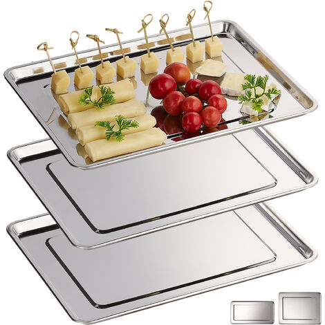 Relaxdays Bandejas para Servir, Set de 3, Acero Inoxidable, Plato Quesos, Embutidos, Apto Lavavajillas, 33x26,5cm, Plata