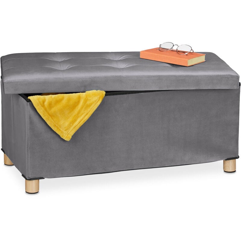 Banquette de rangement, couvercle matelassé, revêtement velours, pieds en bois, hlp : 34x76x38 cm, anthracite - Relaxdays