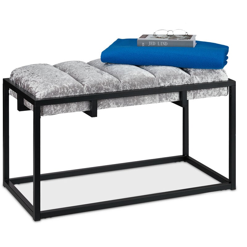 Banquette en velours, banc pour couloir rembourré, HxLxP : 47x80x40 cm, métal, design élégant, gris/noir - Relaxdays