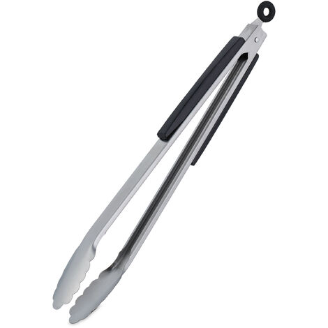 Relaxdays Barbecue Tongs Stainless Steel, Wooden Handle, 38 cm Long, Serving Tools, for Kitchen & BBQ, Silver/Black