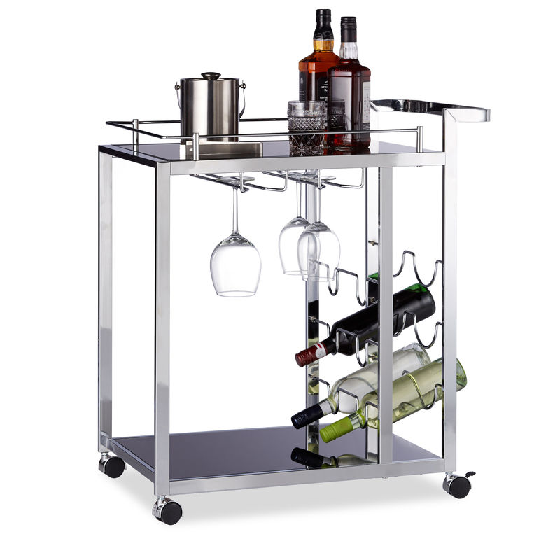 Baron Glass Serving Trolley, Design, Wine Rack for 6 Bottles, HxWxD: 75 x 40 x 70 cm, Kitchen Cart, Black - Relaxdays