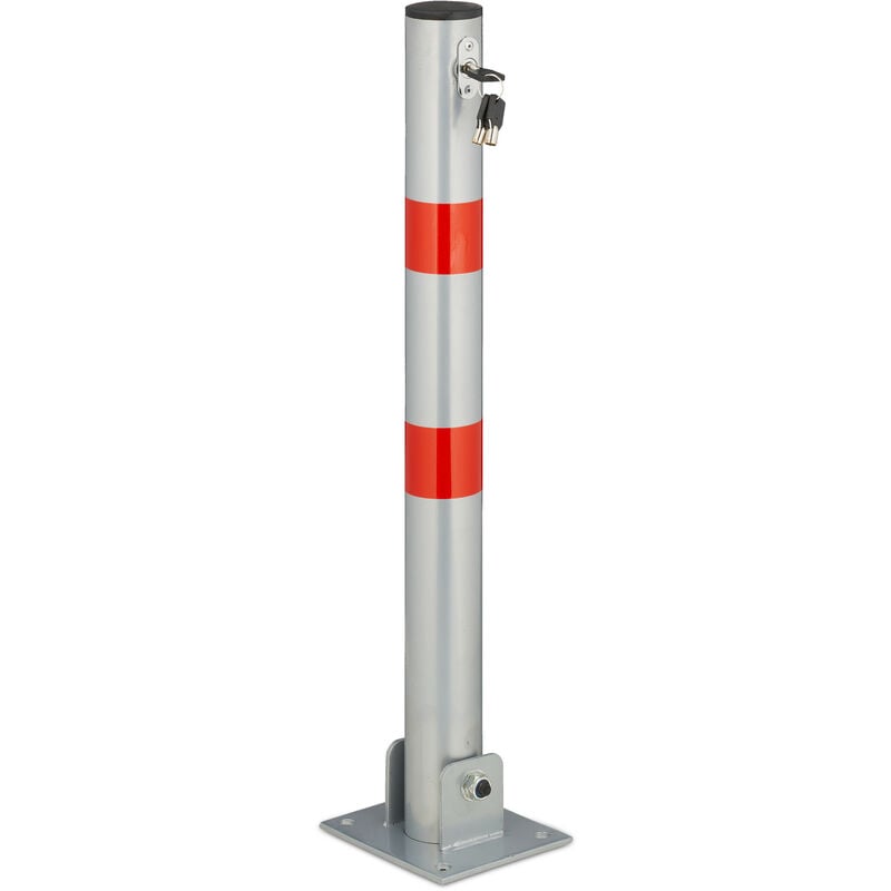 Barrier Post, Car Park Bollard, Foldable, Parking Space, HxWxD: 65 x 15 x 13 cm, Signal Stripes, Silver/Red - Relaxdays