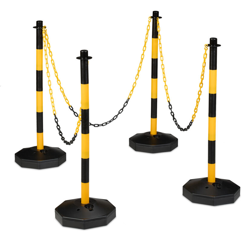 Relaxdays - Barrier Post With Chain Set Of 4, Mobile Chain Pole, H X D, 85 X 29 Cm, Parking Blocking Rack, Yellow/black