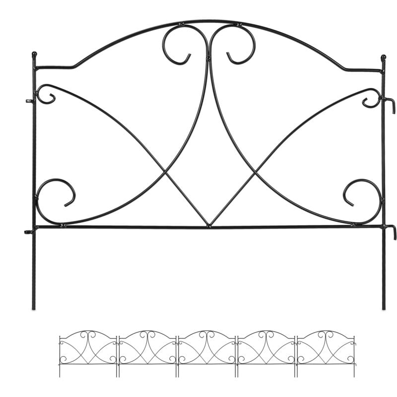 Barrière de jardin, à planter, en métal (fer), design vintage, 6 éléments chacun hl : 43 x 55 cm, noire - Relaxdays