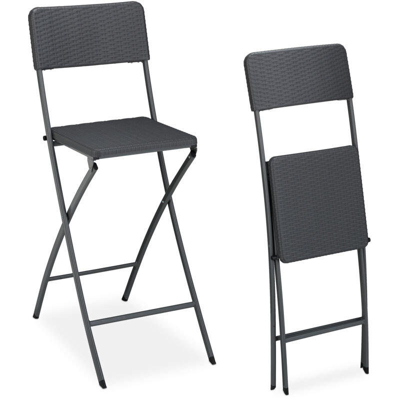 Relaxdays Bastian Folding Bar Stools, Rattan Look, Backrest, Bistro Chairs, Foldable, 78 Cm Tall, Counter-height, Grey