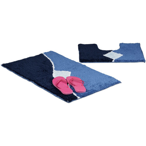 main image of "Relaxdays Bath Accessory 2 Piece Set with Graph Design, For Heated Floors, Washable, Bath Mat and Pedestal Toilet Mat with Cut-Out, 80 x 50 cm, Blue"