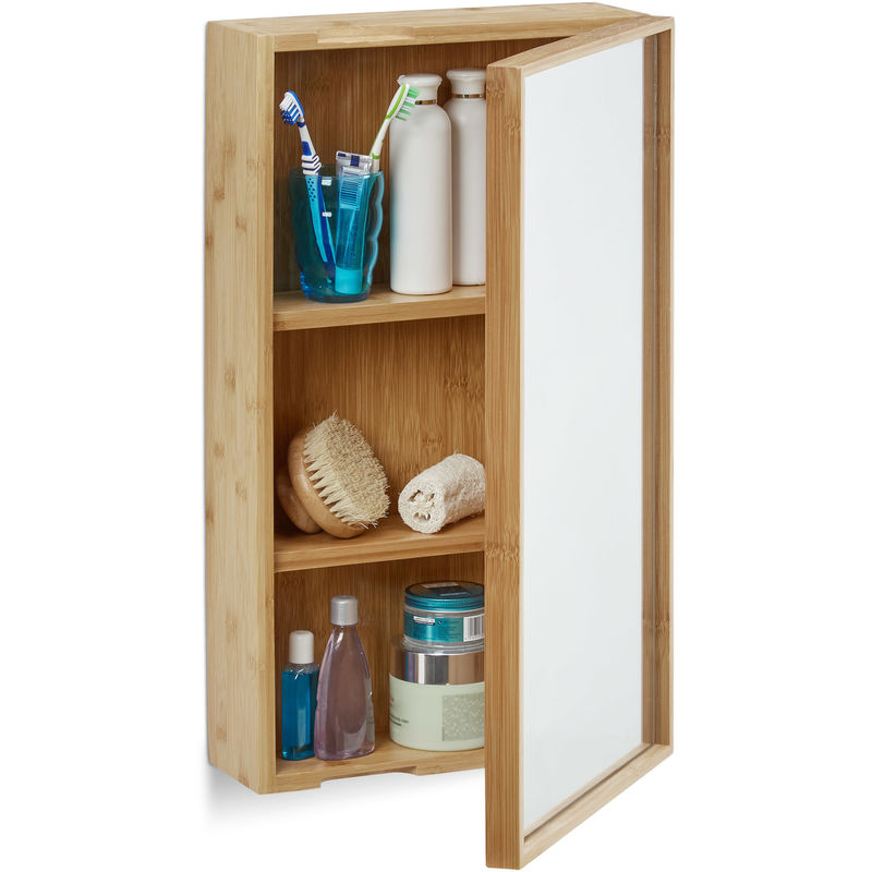 Relaxdays Bathroom Bamboo Mirror Cabinet 1 Door Hanging Cupboard