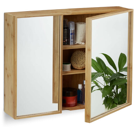 main image of "Relaxdays Bathroom Bamboo Mirror Cabinet 2 Doors, Hanging Cupboard, Assembled Wall-Mounted Cabinet H x W x D: 50 x 65 x 14 cm, Natural"