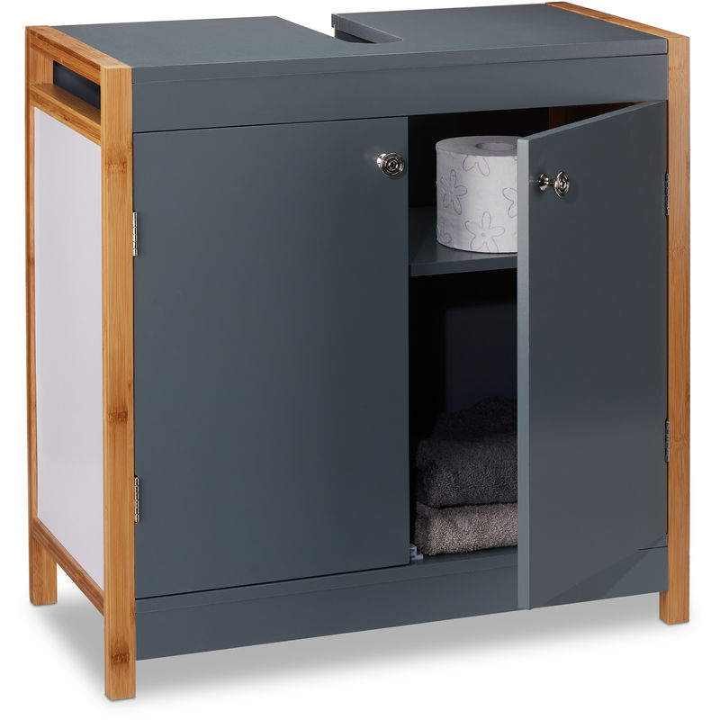 Bathroom Basin Floor Cabinet with Bamboo Frame, Adjustable Shelf, Siphon Cut-Out, HxWxD: 60 x 60 x 29 cm, Grey - Relaxdays