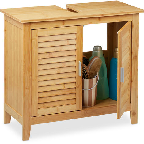 Relaxdays Bathroom Cabinet, Free Standing, Wooden, 2 Doors, Storage, Bamboo, Cupboard, HxWxD: 60 x 67 x 30cm, Natural