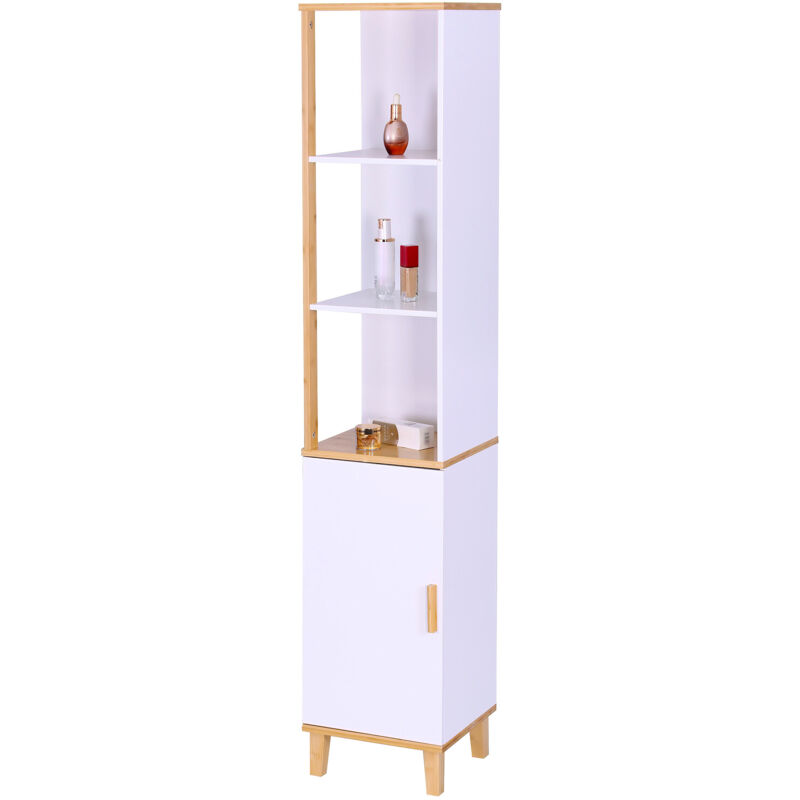 Relaxdays Bathroom Cabinet With Door, Hwd, 169x33x31 Cm, 5 Shelves, Bamboo, Mdf, Tall, Slim, White/natural