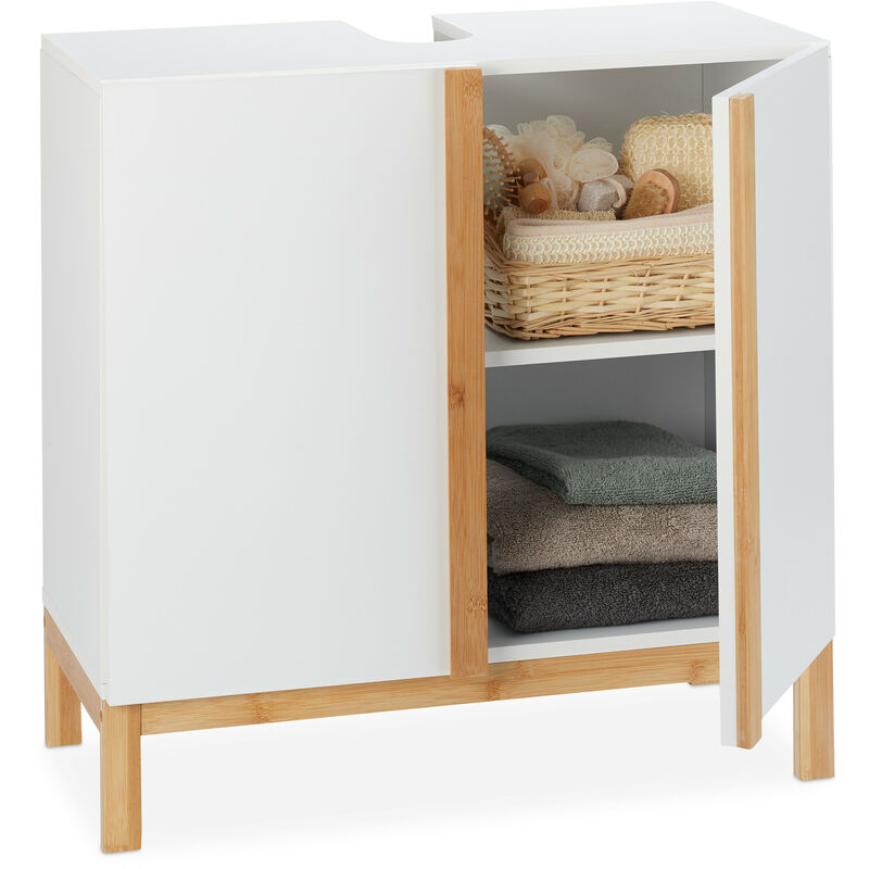 Bathroom Floor Cabinet, 2 Shelves, Bathroom Cupboard, mdf & Bamboo, hwd 60.5x60x30.5cm, White & Brown - Relaxdays