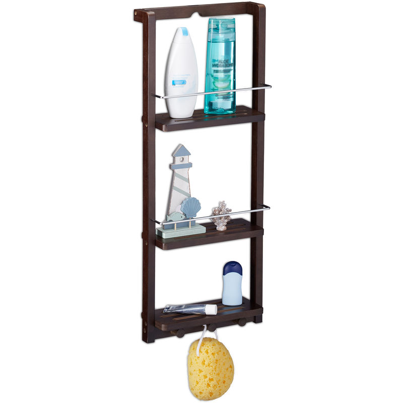 Bathroom Hanging Shelf, 3-Tier Bamboo Shower Caddy, Hook Bar, hwd 70 x 28.5 x 10 cm, Dark Brown - Relaxdays