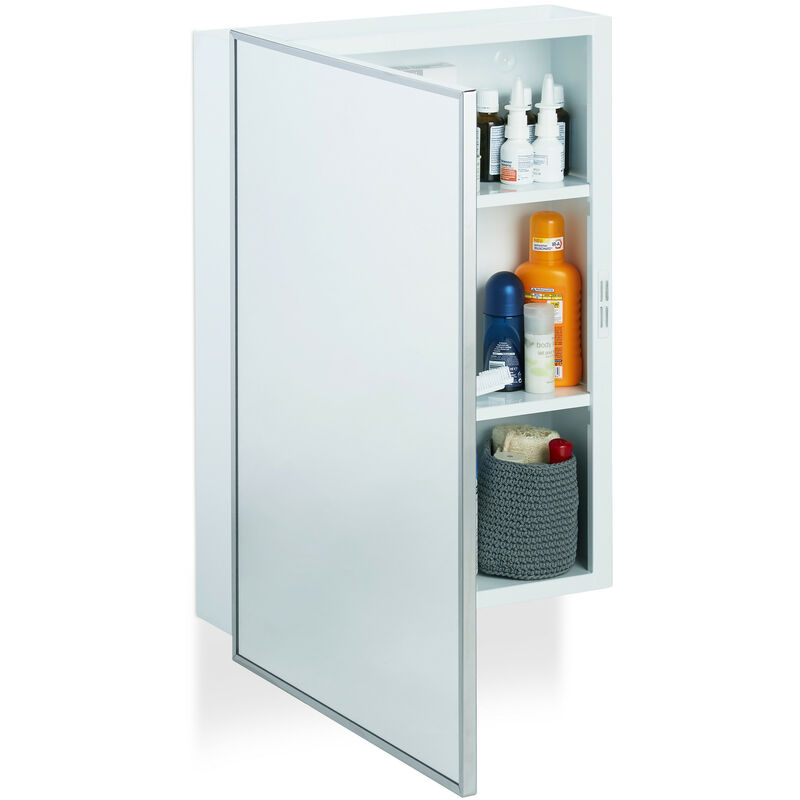 Bathroom Mirror Cabinet, Hanging Home Pharmacy, Steel, Wall-Mount, 3 Tiers, hwd: 56x40.5x12.5 cm, White - Relaxdays