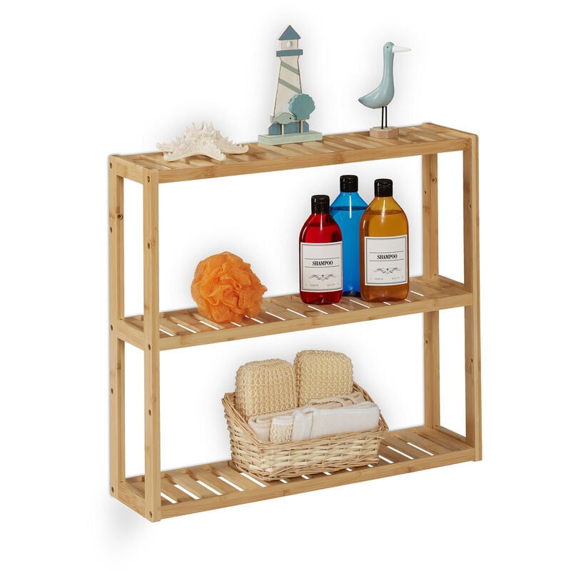 Bathroom Shelf, Bamboo, 3 Tiers, Height Adjustable, HxWxD: 54 x 60 x 15 cm, Kitchen, Narrow, Hanging, Wood - Relaxdays