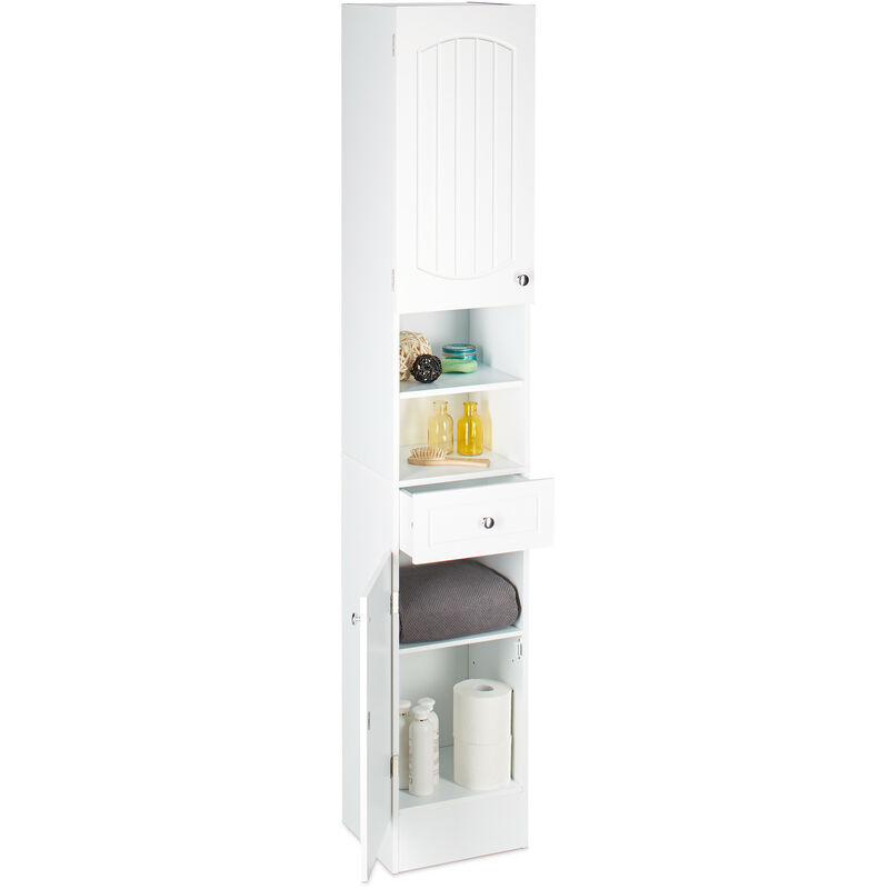 Bathroom Shelf Narrow With Drawer, Multi Purpose Cupboard, Tall Boy Cabinet, h x w x d: 173.5 x 30.5 x 32 cm, White - Relaxdays