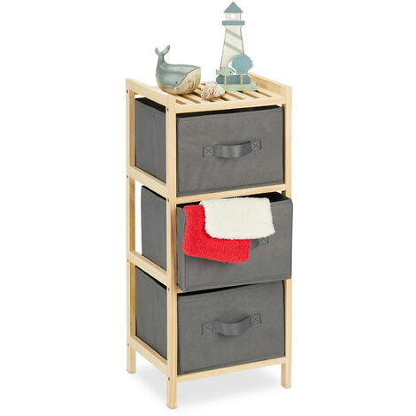 Relaxdays Bathroom Shelf with 3 Foldable Baskets, Storage Space, Wood & Fleece, HWD: 65 x 28 x 25.5 cm, Natural/Grey