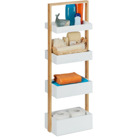Relaxdays Bathroom Shelf, with 4 Shelves, Bamboo & MDF, Narrow Kitchen Storage, HxWxD: 88 x 30 x 18 cm, Shelving Unit