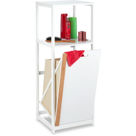 Relaxdays Bathroom Shelf with Laundry Basket, 2 Shelves, Folding Washing Hamper, MDF & Bamboo, 98x36x30cm, White/Natural