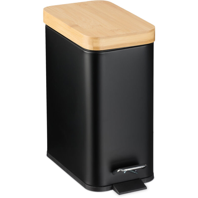 Relaxdays - Step Pedal Bin, 5l, Soft-close Mechanism, Removable Inside, Bathroom Cosmetic Waste, Metal, Bamboo Lid, Black