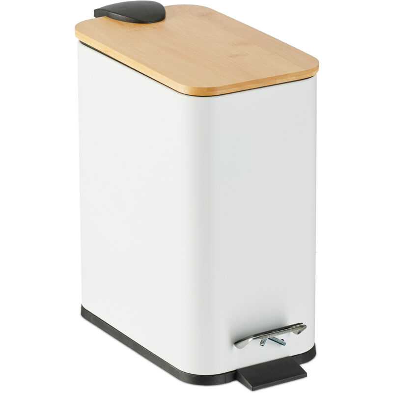 Relaxdays Step Pedal Bin, 5 Litre Capacity, Removable Inside, Square, Bathroom Cosmetic Waste, Metal, Bamboo Lid, White