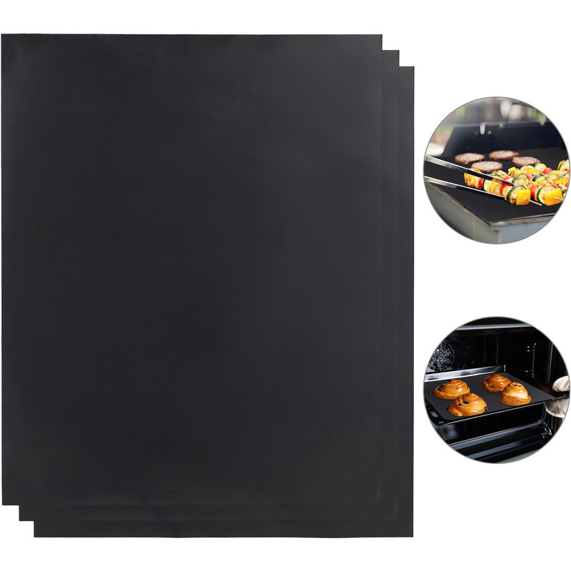 Set Of 3 Relaxdays bbq Grill Sheets, Non-stick Coated, Trim To Fit, Reusable Baking Tray Lining, 0.3 mm, 40x50cm, Black