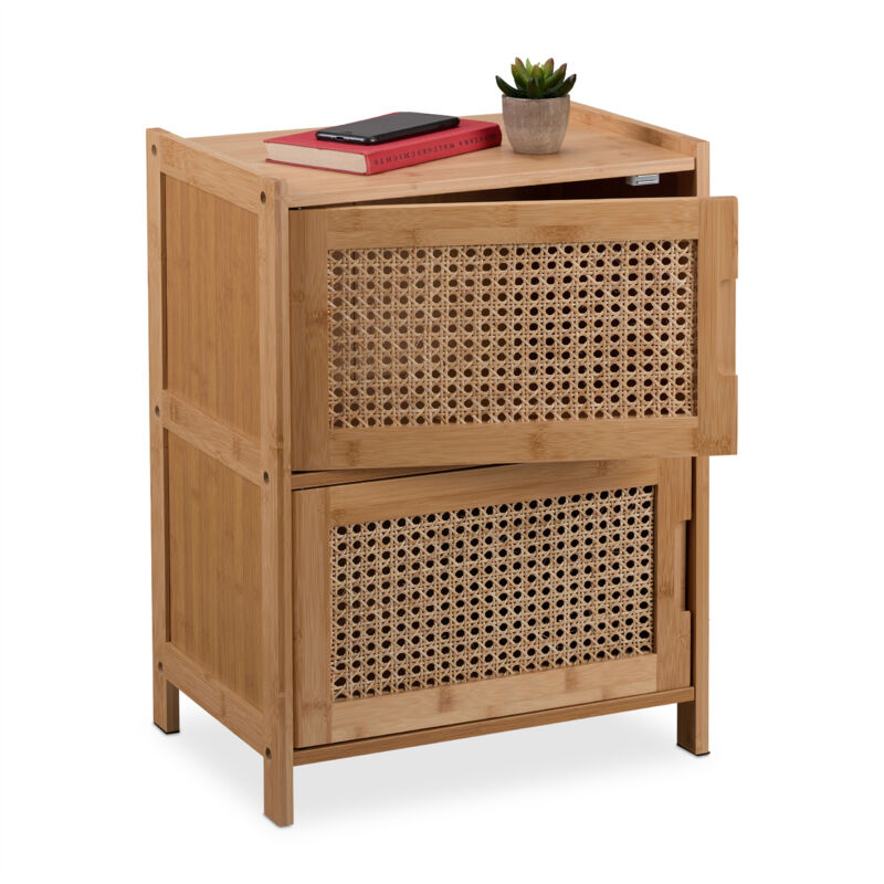 Relaxdays Bedside Cabinet, 2 Rattan Doors, Hwd, 56x42x30 Cm, Living Room, Bedroom, Hallway, 2 Shelves, Natural