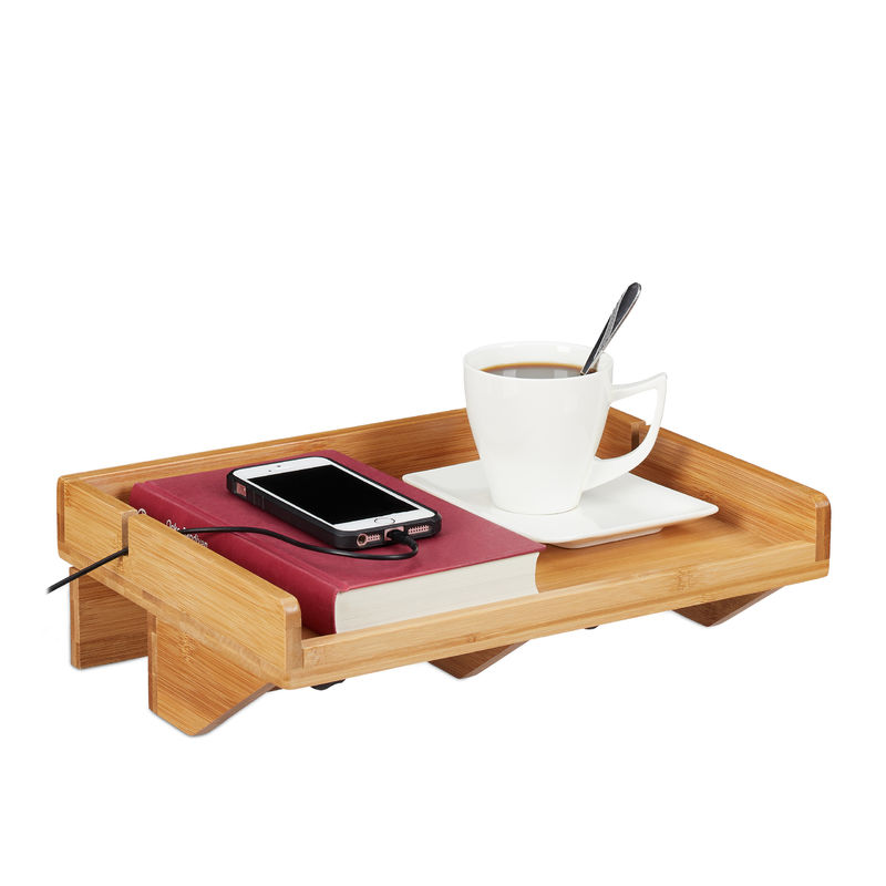 Bedside Shelf, Mini Clip-on Nightstand, Bamboo, Space-saving, Wire slot, Caddy w x d 32.5 x 27cm, Natural - Relaxdays