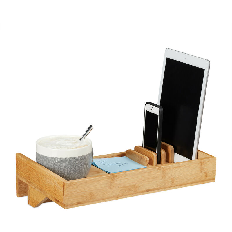 Bedside Shelf & Organizer, Mini Clip-on Nightstand, Bamboo, Beverage Holder d. 9 cm, Organization Tray, Natural - Relaxdays