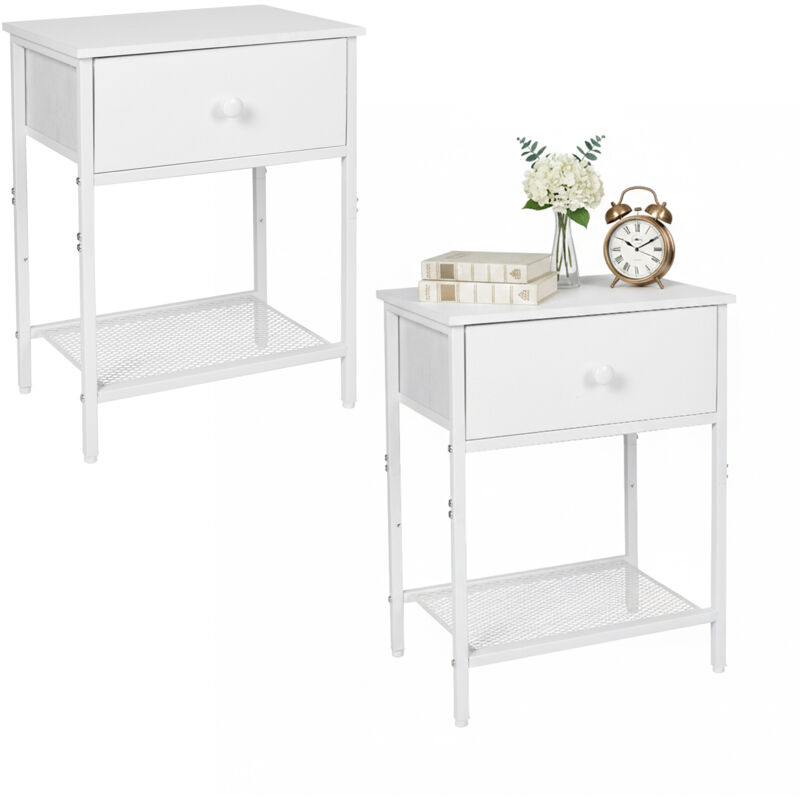 Relaxdays Bedside Table Set Of 2, Drawer & Shelf, H X W X D, 55x40x30 Cm, Modern, Wood-effect Metal, White