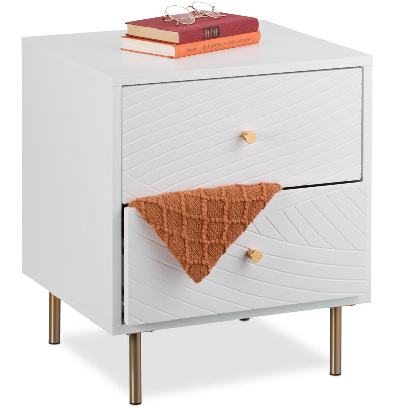 Relaxdays - Bedside Table, 2 Drawers, Bedside Cabinet Bedroom, Side Table, Hxwxd, 52 X 45 X 40 Cm, White/gold