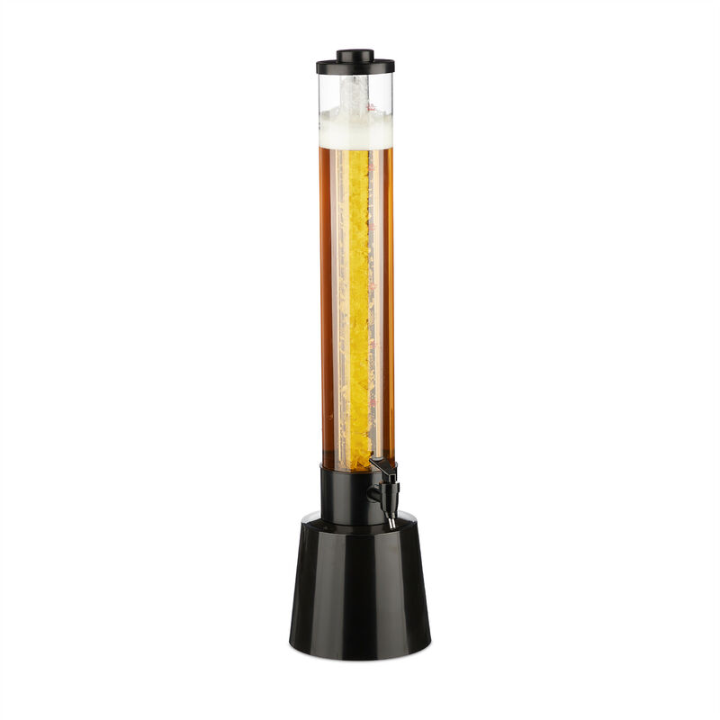 Beer Tower with Tap, 3 Litres, Drinks Dispenser with Cooler, for Garden & Parties, 81 cm Tall, Clear/Black - Relaxdays