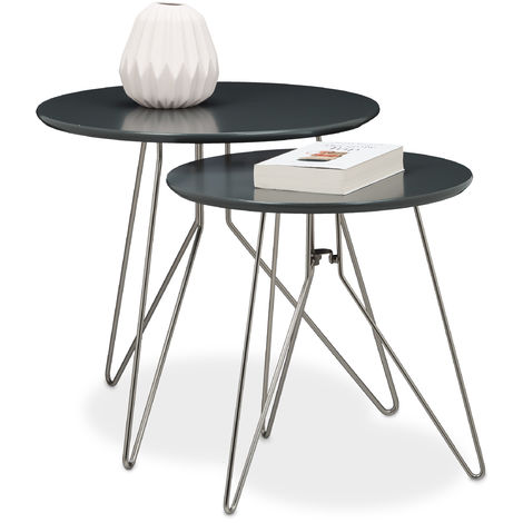   Beistelltisch 2er Set Wohnzimmertische aus Holz mit grau-matt lackierten Tischplatten im Durchmesser 48 und 40 cm als Couchtisch und Telefontisch in zwei verschiedenen Größen, grau matt