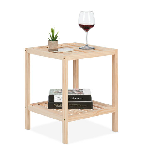 Relaxdays Beistelltisch, Holz, HxBxT: 50 x 40 x 40 cm, Wohnzimmertisch mit 2 Ablagen, quadratischer Ablagetisch, natur