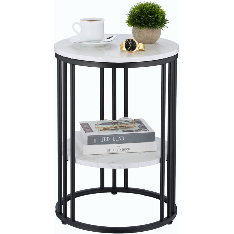 Relaxdays - Beistelltisch Marmoroptik, 2 Ablagen, Für Wohnzimmer, Metall & Mdf, Sofatisch Rund, Hxd 56x40 Cm, Weiß/schwarz