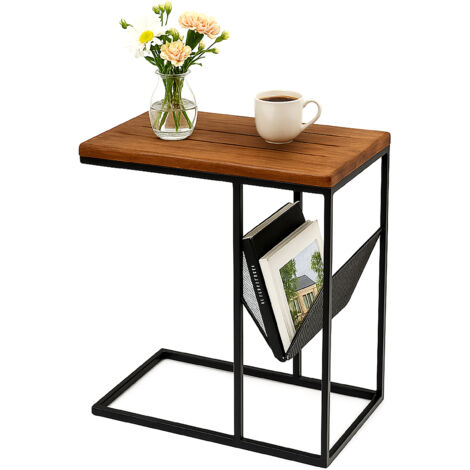 Relaxdays Beistelltisch mit Zeitungsablage, HBT: 63x30x51 cm, Holz, Metall, C-Form, Industrial Sofatisch, braun/schwarz