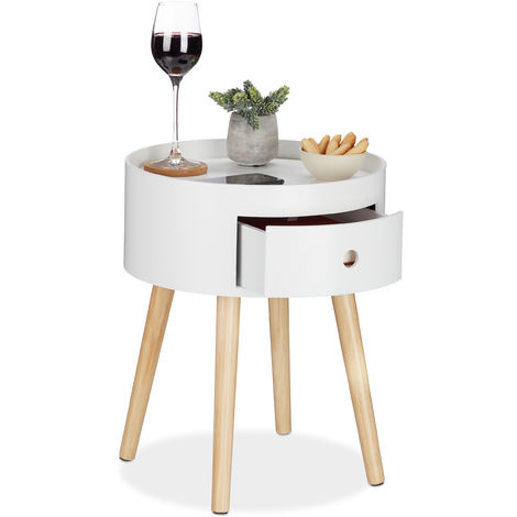 Relaxdays Beistelltisch rund, Schublade, Holzbeine, skandinavisches Design, minimalistisch, HxD 46 x 38 cm, weiß/natur