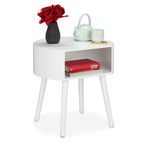 Relaxdays Beistelltisch, runder Nachttisch mit Ablagefach, Holzbeine, schlichtes Design, HxBxT 47,5 x 46 x 40 cm, weiß