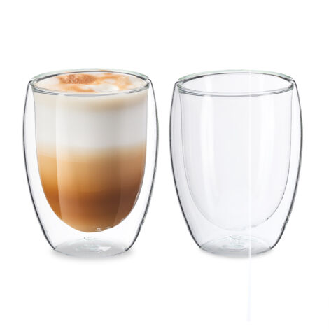 Relaxdays Bicchieri in Vetro a Parete Doppia, Set da 2, per Acqua, Caffè, Latte Macchiato, Tazze da 350 ml, Trasparenti