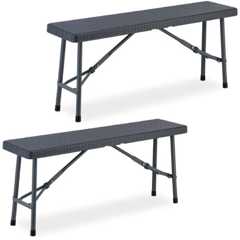 Relaxdays Bierbank 2er Set, faltbar, für Terrasse & Garten, Rattanoptik, Kunststoff Campingbank, HBT: 42x102x25 cm, grau