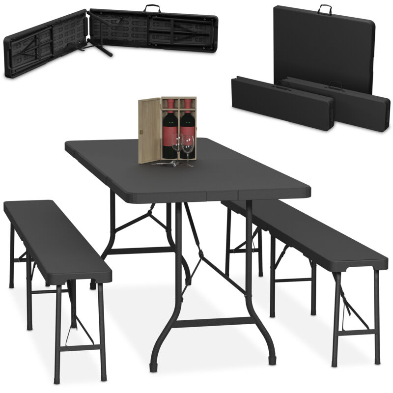 Relaxdays Bierzeltgarnitur Klappbar, 3-tlg. Bierbank Set Mit Großem Tisch, Für Garten, Festzeltgarnitur, 180 Cm, Schwarz