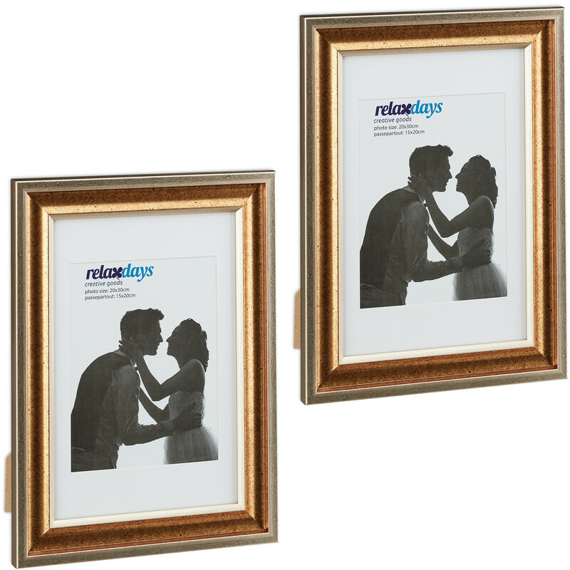 Relaxdays Bilderrahmen 2er Set, 20x30 Cm, Hoch- & Querformat, Fotorahmen Zum Aufhängen, Hinstellen, Passepartout, Gold