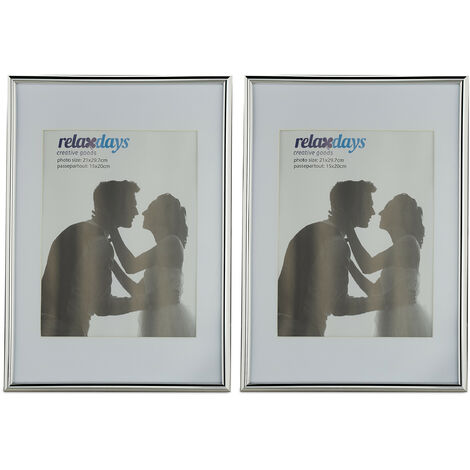 Relaxdays Bilderrahmen 2er Set, Din A4, Passepartout 15x20 cm, Glasscheibe, Fotorahmen zum Stellen & Hinhängen, silber