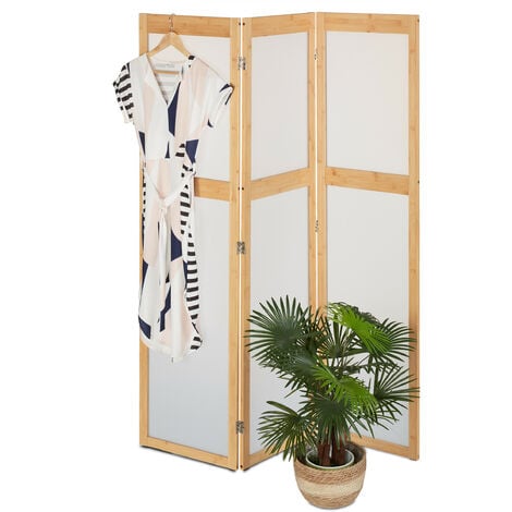 Relaxdays Biombo 3 Paneles Plástico y Bambú, Divisor Espacios Plegable, 168x135,5 cm, Tabique Interior, Natural y Blanco