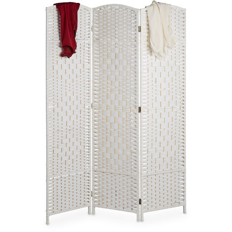 Relaxdays Biombo separador 170 x 120 cm, plegable 3 paneles, divisor de ambientes, madera y cuerda de papel, blanco