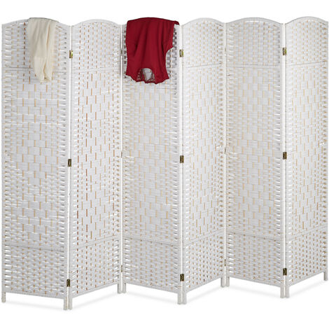 Relaxdays Biombo separador, 170 x 240 cm, plegable, 6 paneles, madera y cordón de papel, blanco
