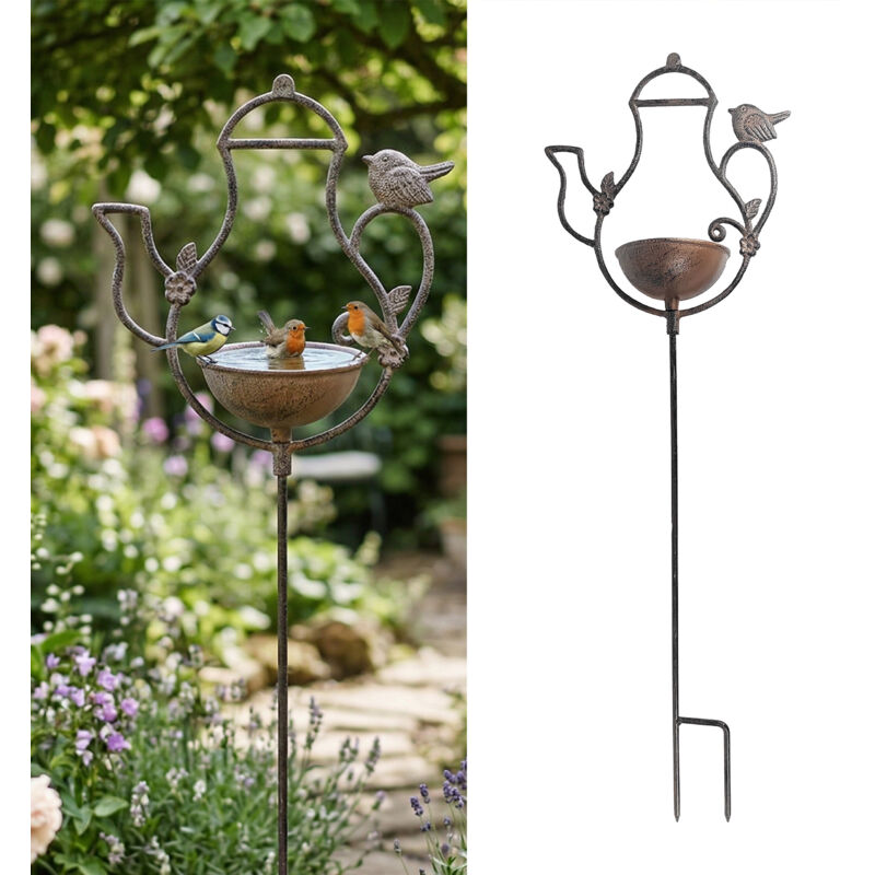 Relaxdays Bird Bath Teapot, Hxwxd, 86 X 27 X 13 Cm, Cast Iron, Ground Stake, Food & Water Bowl, Brown