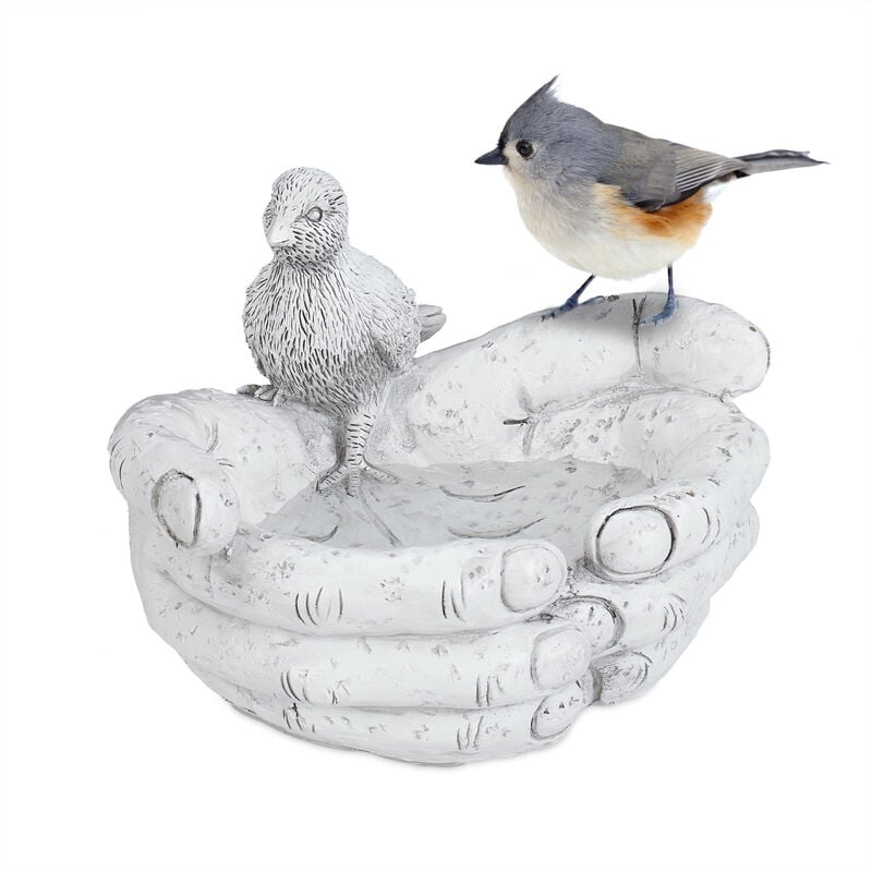 Image of Relaxdays - Bird Bath, Water & Food Station, Feeding Bowl, Basin, Decoration, Synthetic Resin, hwd: 28x27x20cm, White-Grey