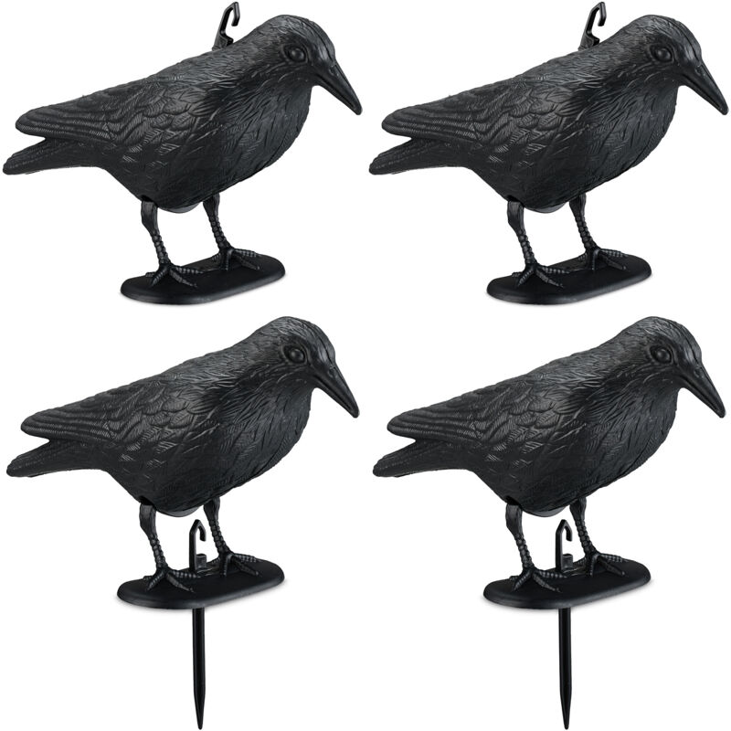 Relaxdays Bird Deterrent, Set Of 4, For Standing & Hanging, Plastic Crow, For Pigeon Defence, In Garden & Balcony, Black
